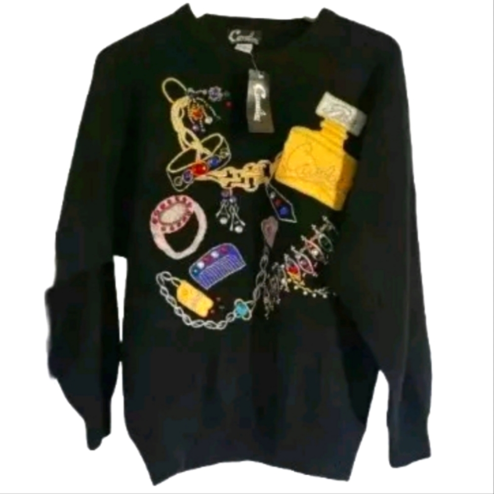 VTG NOS Cavalini Bling Lambswool Angora Sweater Wearable Art Embellished Gaudy